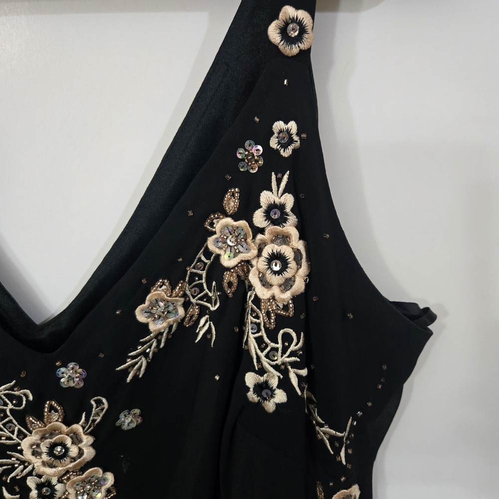 R&M Richards Gown Women 18W Black Floral Beaded Sequin Mesh Formal Evening Dress - Picture 4 of 9